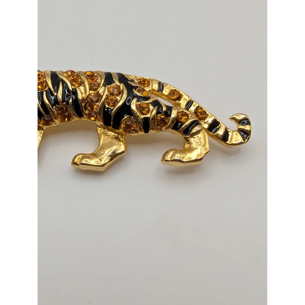 Vintage Tiger Panther Brooch Pin Gold Tone Black Enamel Amber Rhinestone Big Cat